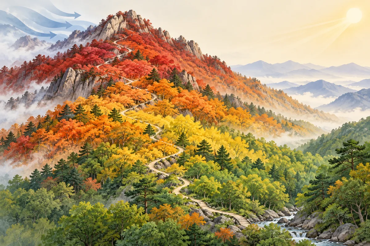 Conceptual mountain illustration showing different foliage colors from the ridge to the valley