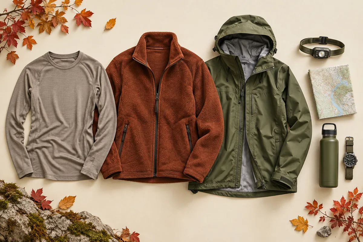 A base layer, fleece, weather shell and headlamp arranged as an autumn hiking kit