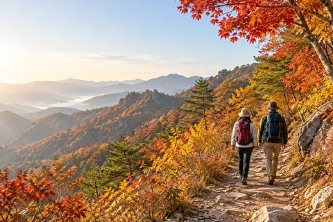Two hikers walking along a colorful autumn mountain trail in morning light