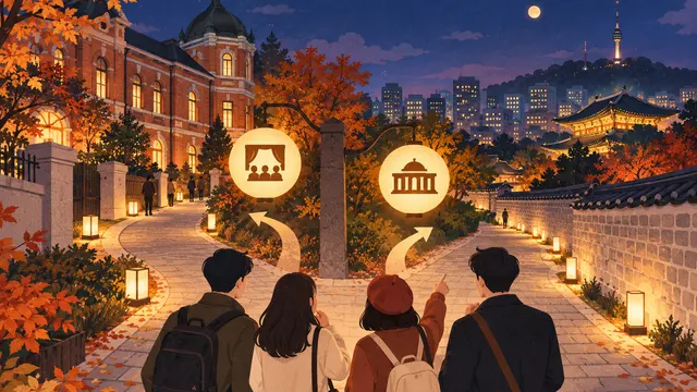 가을밤 정동의 돌담길과 문화시설 사이에서 두 갈래 관람 동선을 고르는 방문객들