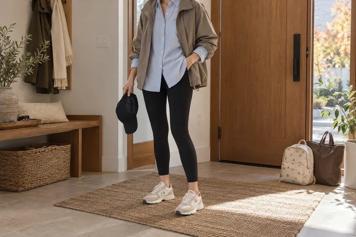 A woman in black leggings, a shirt and a light jacket holding a cap by the door on an autumn morning