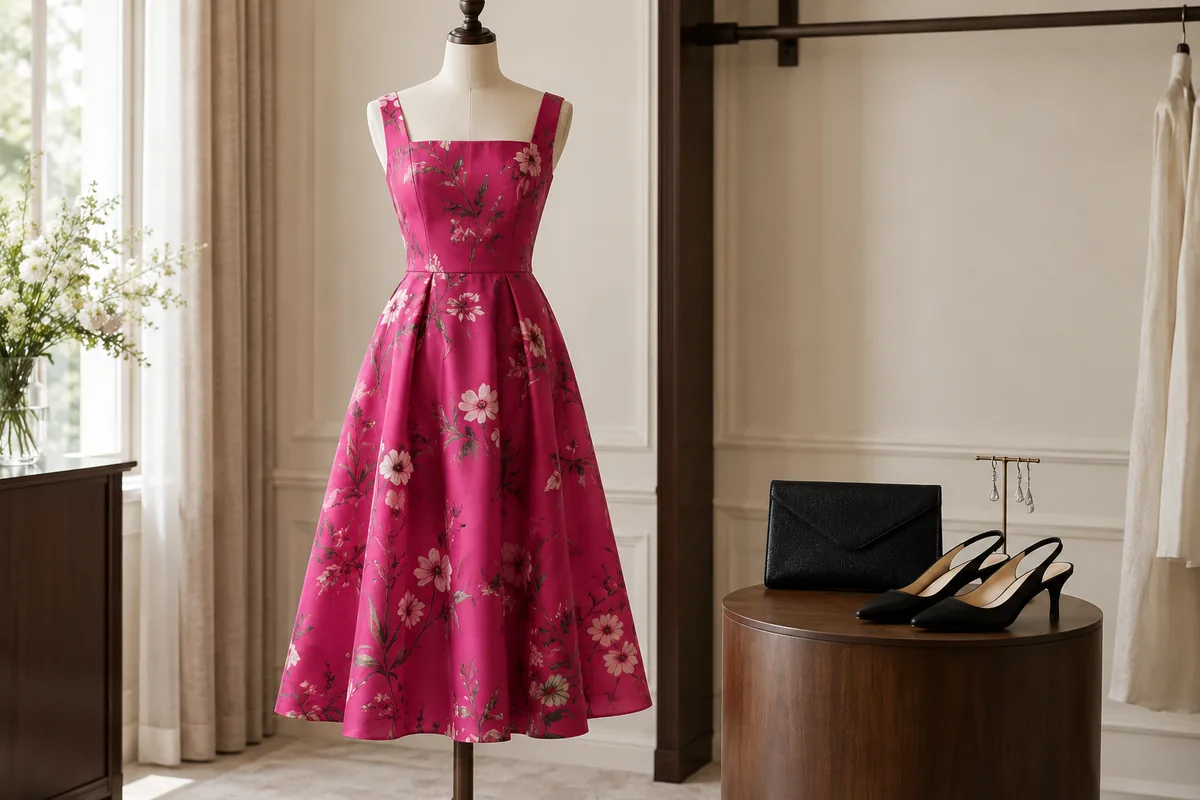A pink floral dress arranged with black shoes, a clutch and silver earrings