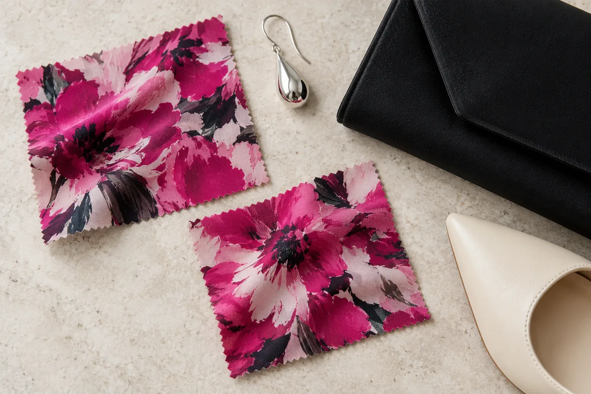 A comparison of pink floral fabric, a silver earring, a black bag and an ivory shoe