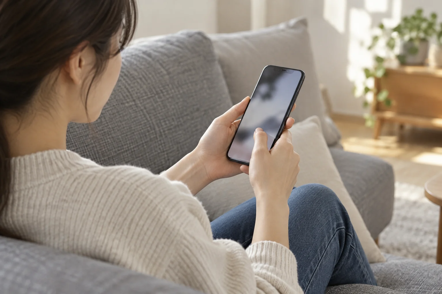 Generated depiction of an adult checking a phone while seated on a sofa