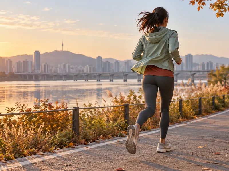 An anonymous runner in a lightweight wind shell and tights on an autumn riverside path