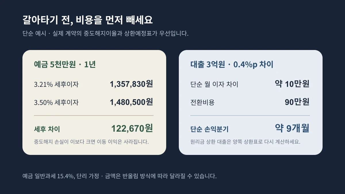 예금 5천만원의 세후 이자 차이 122,670원과 대출 3억원의 단순 손익분기 9개월을 보여 주는 계산 카드