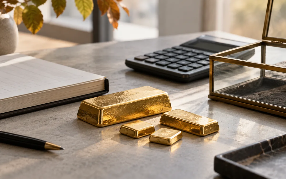 Gold bars, a calculator and an open notebook arranged on a desk