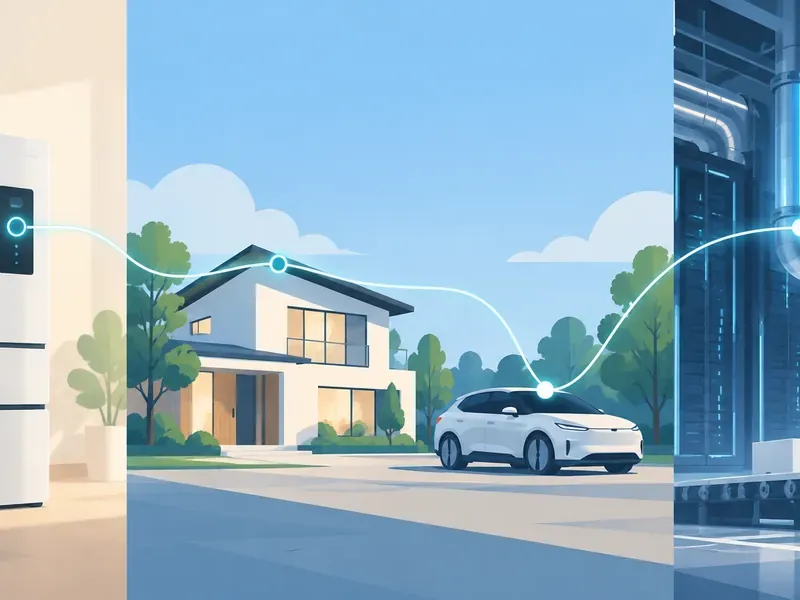 A conceptual illustration separating appliance features, a home-to-vehicle connection and industrial equipment into three zones