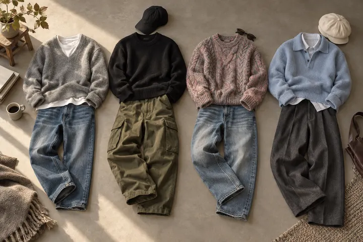 Four men's knitwear outfits including a grey V-neck and pink cable knit arranged on the floor