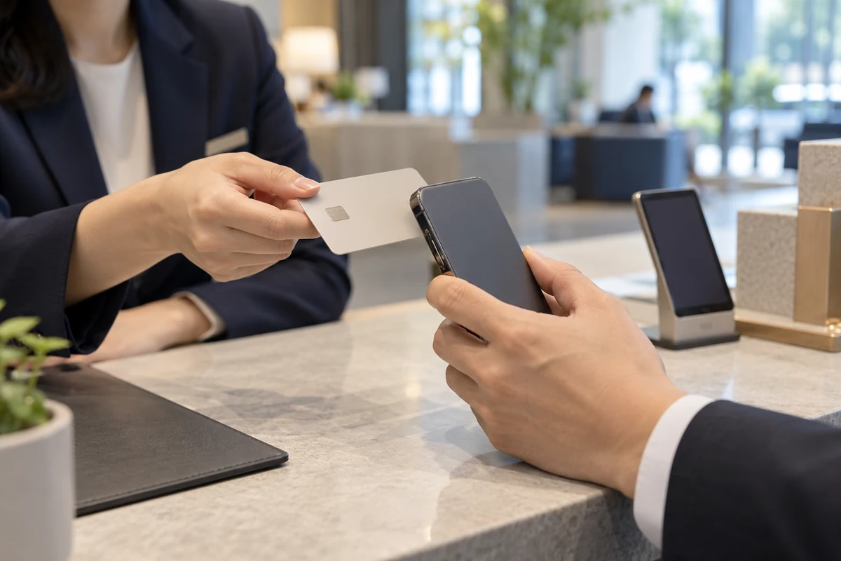 A staged bank-counter photograph showing an IC card held close to a smartphone for mobile ID issuance