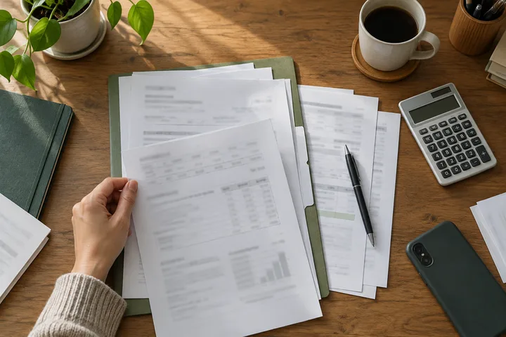 A calm desk where anonymous financial papers, a calculator and a phone are being reviewed
