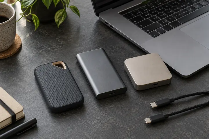 Three differently shaped unbranded portable SSDs beside a laptop and USB-C cables
