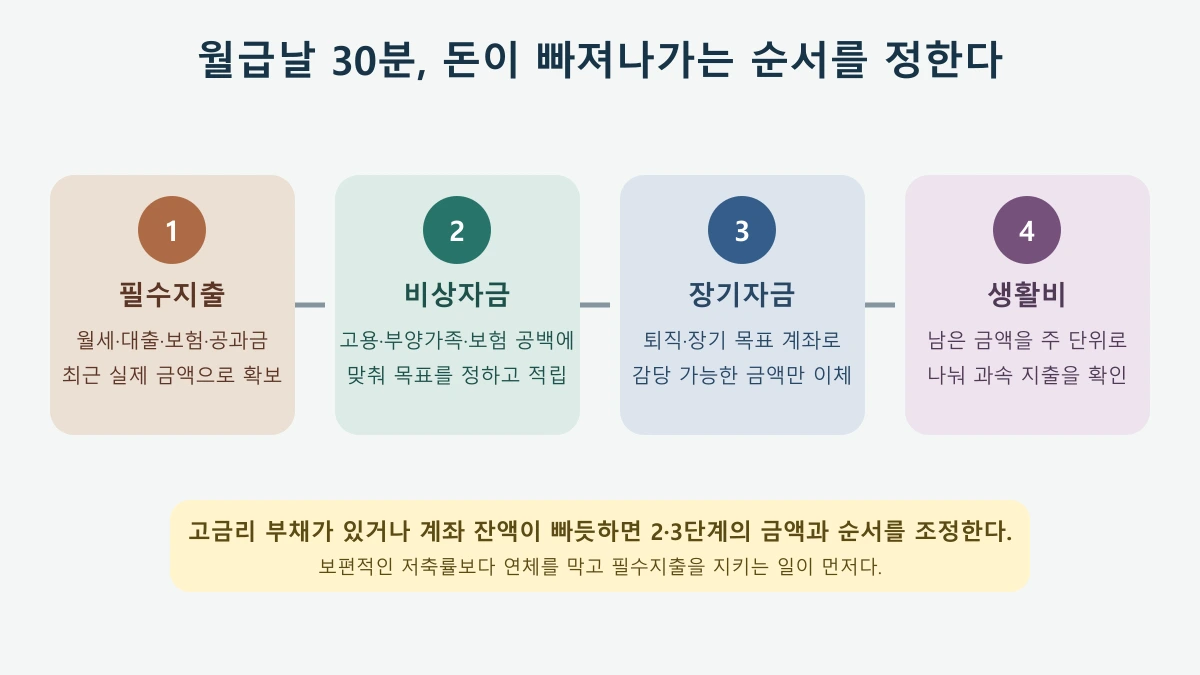 Flow chart allocating salary to essentials, emergency savings, long-term goals and weekly spending