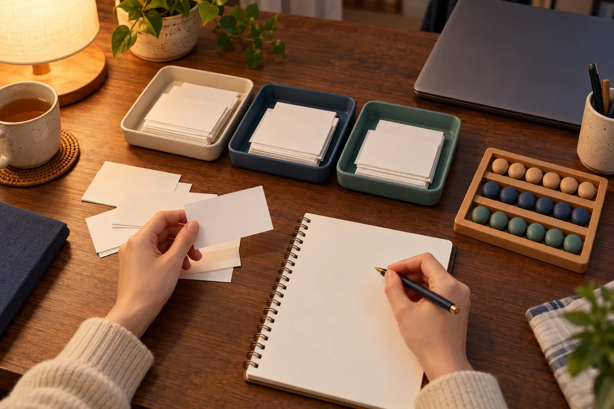 Hands organizing blank cards and a notebook on a desk