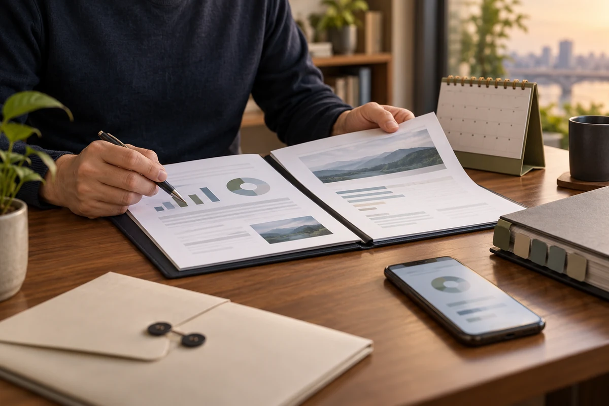 An investor reviewing a quarterly management report and an account screen at a desk