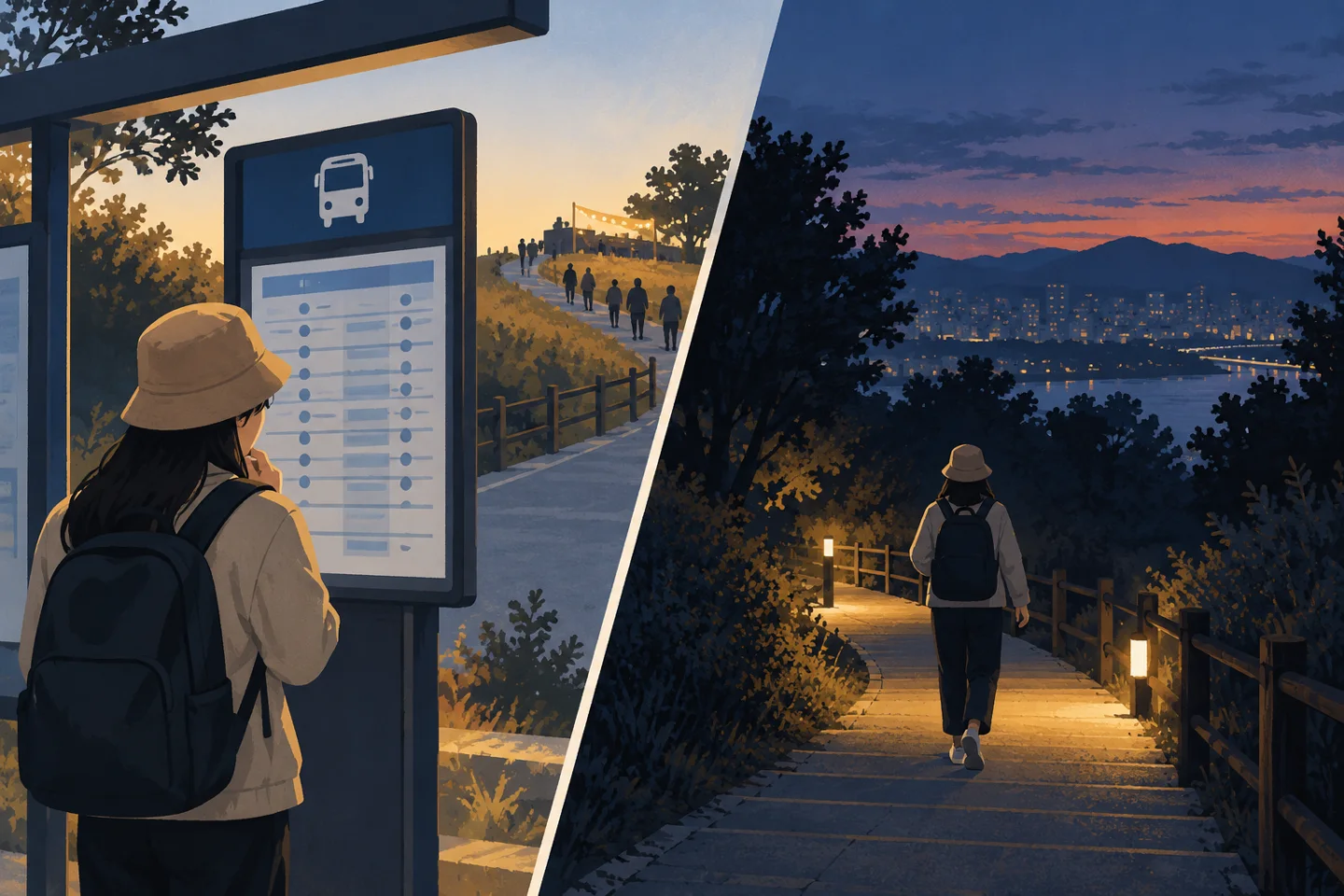An explanatory illustration pairing a traveler checking transport information with a traveler walking downhill at dusk