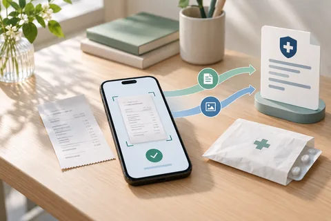 A desk scene illustrating a medical receipt being sent from a smartphone to an insurance document