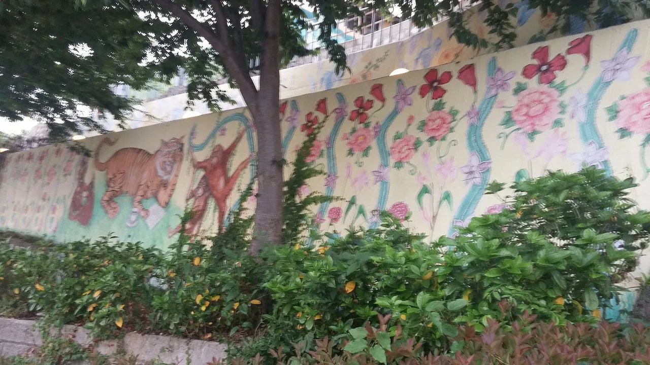 나무와 식물 뒤 벽에 그려진 동피랑 호랑이 벽화