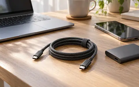 노트북과 스마트폰 옆에 놓인 USB-C 케이블의 설명용 연출 이미지