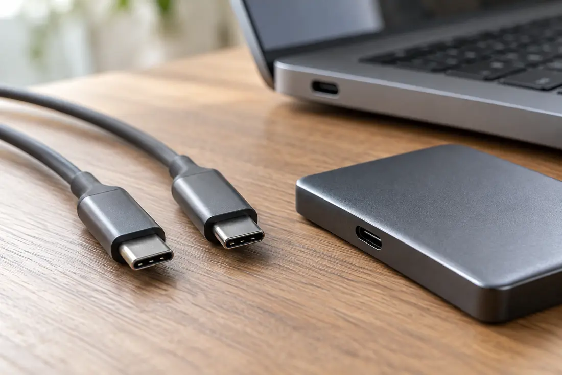 USB-C 케이블과 외장 저장장치를 나란히 놓은 설명용 이미지