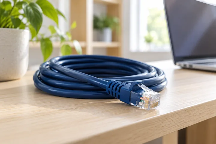 A blue Ethernet cable on a wooden desk beside a laptop