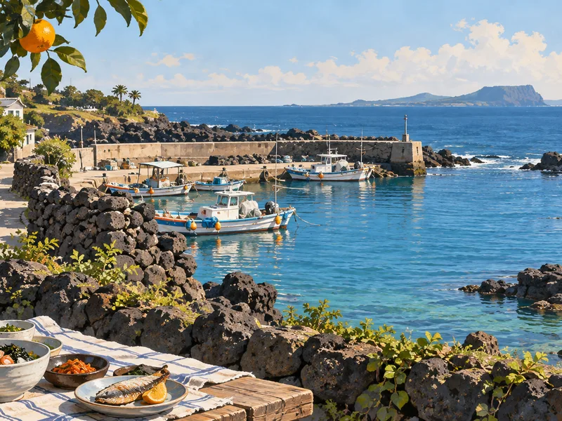 An editorial view of a small Jeju harbor with tangerine trees, basalt walls and fishing boats